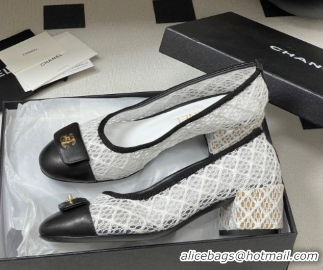 Shop Cheap Chanel Embroidered Mesh & Leather Pumps 5cm with Foldover White 2025 CH071405