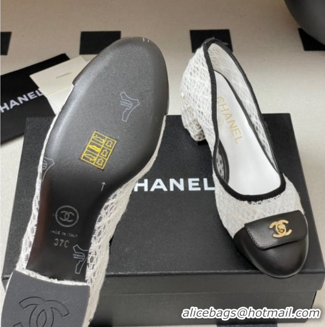 Shop Cheap Chanel Embroidered Mesh & Leather Pumps 5cm with Foldover White 2025 CH071405