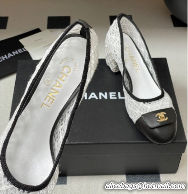 Shop Cheap Chanel Embroidered Mesh & Leather Pumps 5cm with Foldover White 2025 CH071405