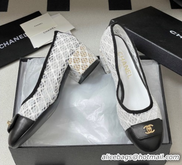 Shop Cheap Chanel Embroidered Mesh & Leather Pumps 5cm with Foldover White 2025 CH071405