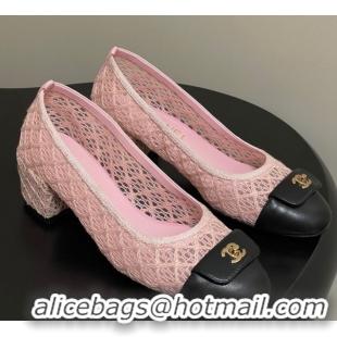 Top Grade Chanel Embroidered Mesh & Leather Pumps 5cm with Foldover Pink 2025 CH071405