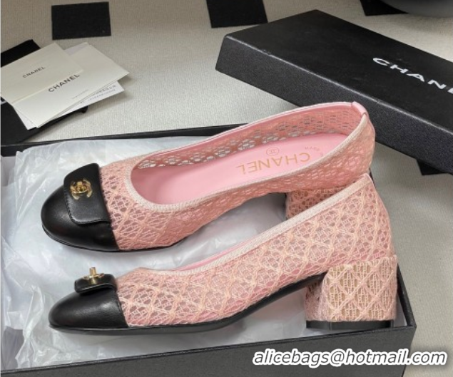 Top Grade Chanel Embroidered Mesh & Leather Pumps 5cm with Foldover Pink 2025 CH071405