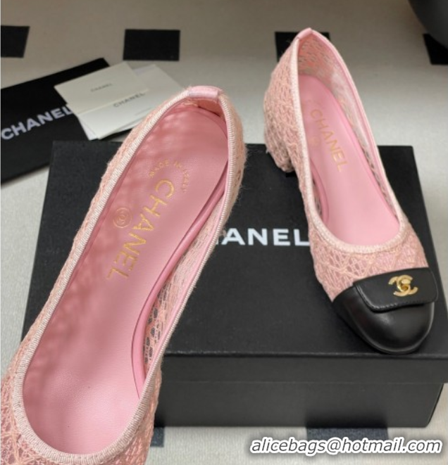 Top Grade Chanel Embroidered Mesh & Leather Pumps 5cm with Foldover Pink 2025 CH071405