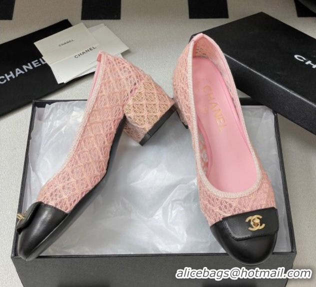 Top Grade Chanel Embroidered Mesh & Leather Pumps 5cm with Foldover Pink 2025 CH071405