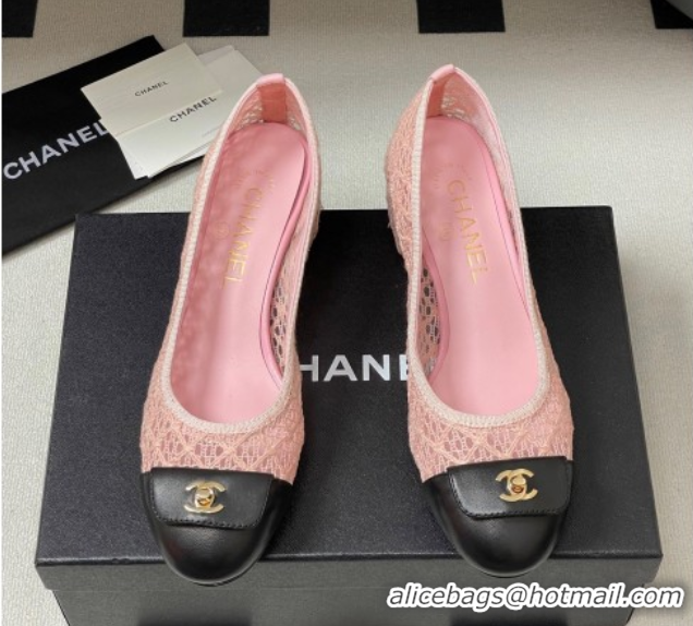 Top Grade Chanel Embroidered Mesh & Leather Pumps 5cm with Foldover Pink 2025 CH071405