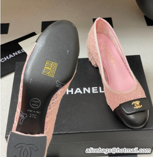 Top Grade Chanel Embroidered Mesh & Leather Pumps 5cm with Foldover Pink 2025 CH071405