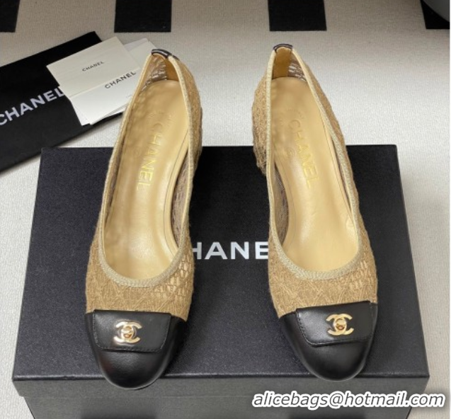 Low Price Chanel Embroidered Mesh & Leather Pumps 5cm with Foldover Khaki 2025 CH071405