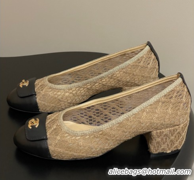 Low Price Chanel Embroidered Mesh & Leather Pumps 5cm with Foldover Khaki 2025 CH071405