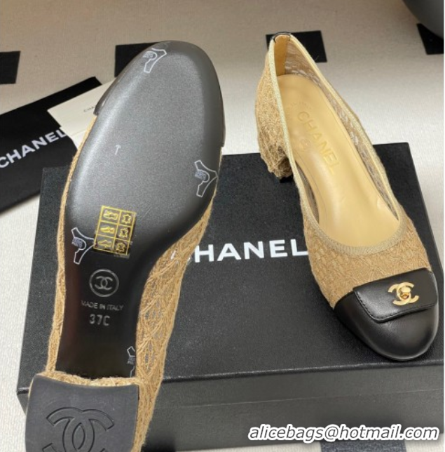 Low Price Chanel Embroidered Mesh & Leather Pumps 5cm with Foldover Khaki 2025 CH071405