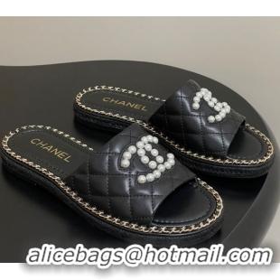 Top Design Chanel Lambskin Flat Slides Sandal with Pearls and Chain Black 2025 CH071501