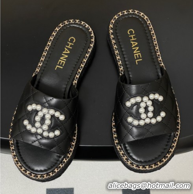 Top Design Chanel Lambskin Flat Slides Sandal with Pearls and Chain Black 2025 CH071501