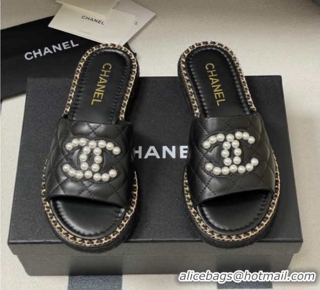Top Design Chanel Lambskin Flat Slides Sandal with Pearls and Chain Black 2025 CH071501