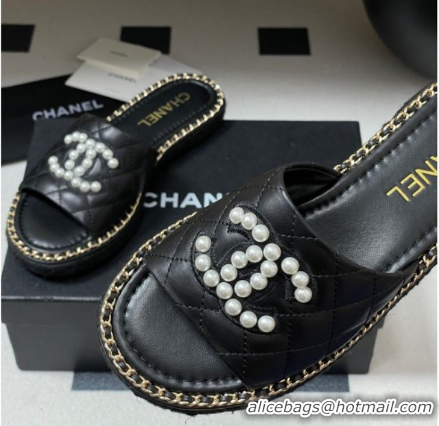 Top Design Chanel Lambskin Flat Slides Sandal with Pearls and Chain Black 2025 CH071501