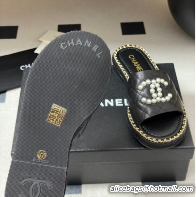 Top Design Chanel Lambskin Flat Slides Sandal with Pearls and Chain Black 2025 CH071501