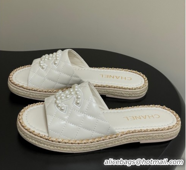 Unique Style Chanel Lambskin Flat Slides Sandal with Pearls and Chain White 2025 CH071501