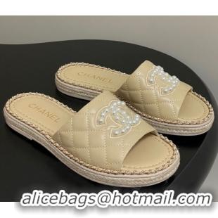 Good Quality Chanel Lambskin Flat Slides Sandal with Pearls and Chain Beige 2025 CH071501