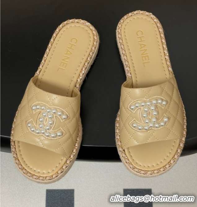 Good Quality Chanel Lambskin Flat Slides Sandal with Pearls and Chain Beige 2025 CH071501