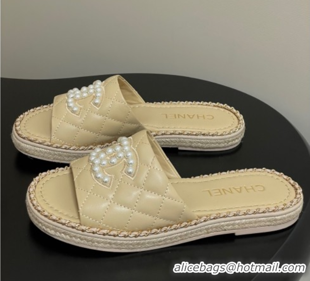 Good Quality Chanel Lambskin Flat Slides Sandal with Pearls and Chain Beige 2025 CH071501