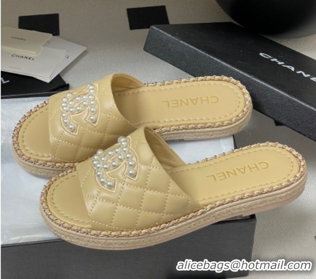 Good Quality Chanel Lambskin Flat Slides Sandal with Pearls and Chain Beige 2025 CH071501