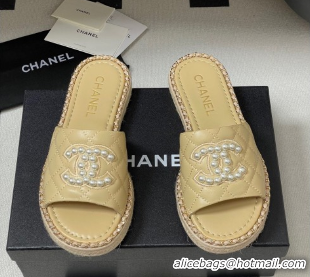 Good Quality Chanel Lambskin Flat Slides Sandal with Pearls and Chain Beige 2025 CH071501