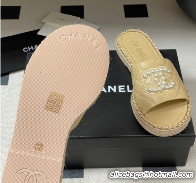 Good Quality Chanel Lambskin Flat Slides Sandal with Pearls and Chain Beige 2025 CH071501