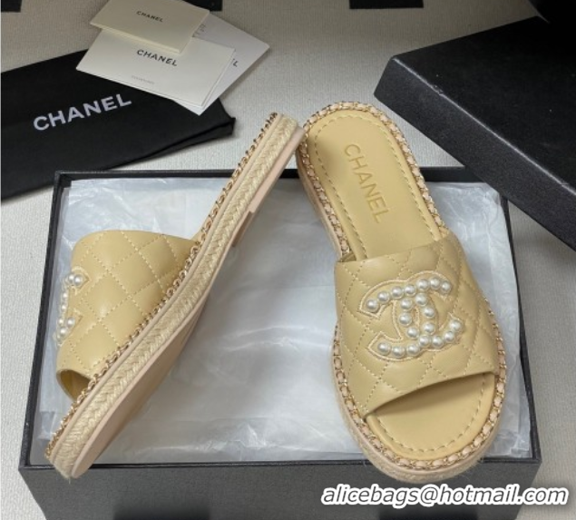 Good Quality Chanel Lambskin Flat Slides Sandal with Pearls and Chain Beige 2025 CH071501