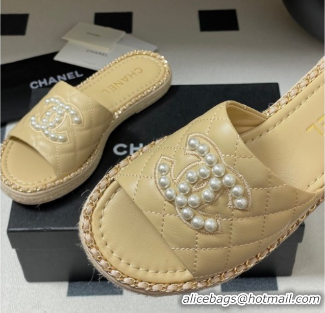 Good Quality Chanel Lambskin Flat Slides Sandal with Pearls and Chain Beige 2025 CH071501
