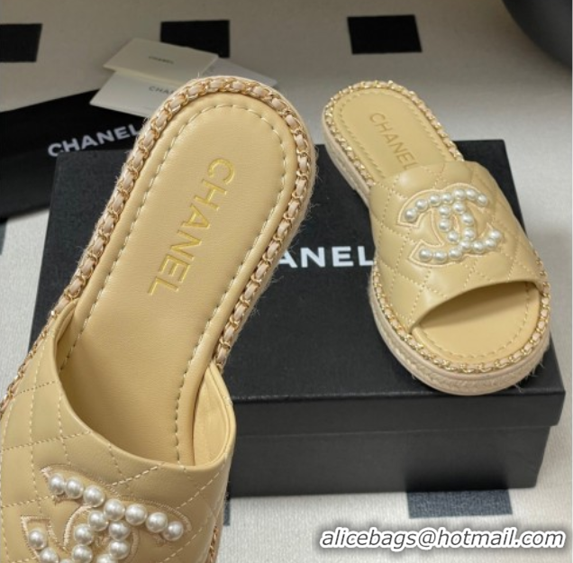 Good Quality Chanel Lambskin Flat Slides Sandal with Pearls and Chain Beige 2025 CH071501