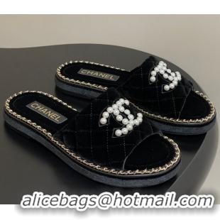 Crafted Chanel Velvet Flat Slides Sandal with Pearls and Chain Black 2025 CH071501