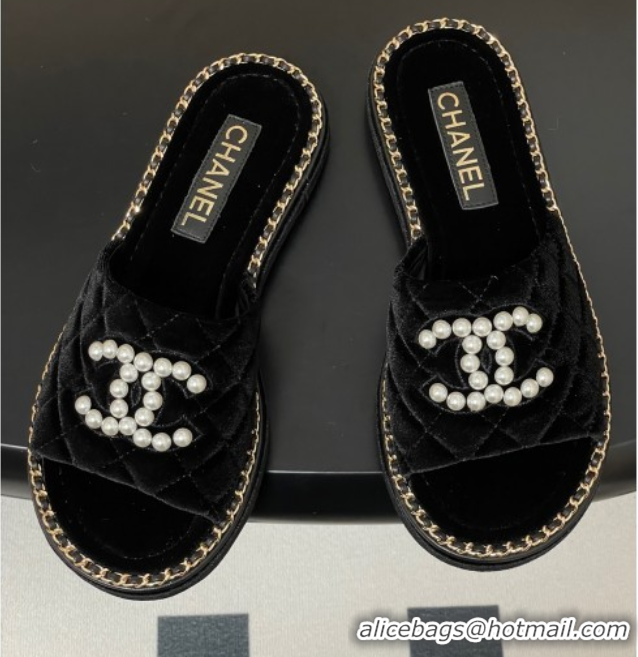 Crafted Chanel Velvet Flat Slides Sandal with Pearls and Chain Black 2025 CH071501