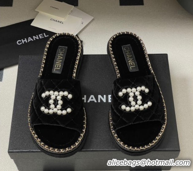 Crafted Chanel Velvet Flat Slides Sandal with Pearls and Chain Black 2025 CH071501