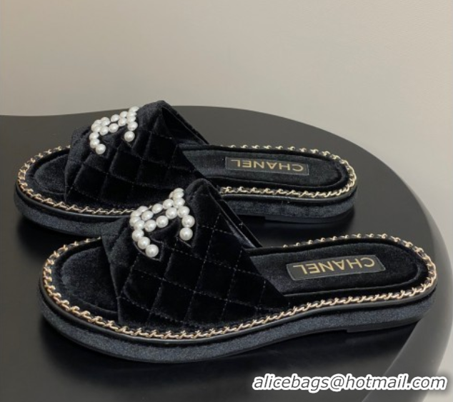 Crafted Chanel Velvet Flat Slides Sandal with Pearls and Chain Black 2025 CH071501