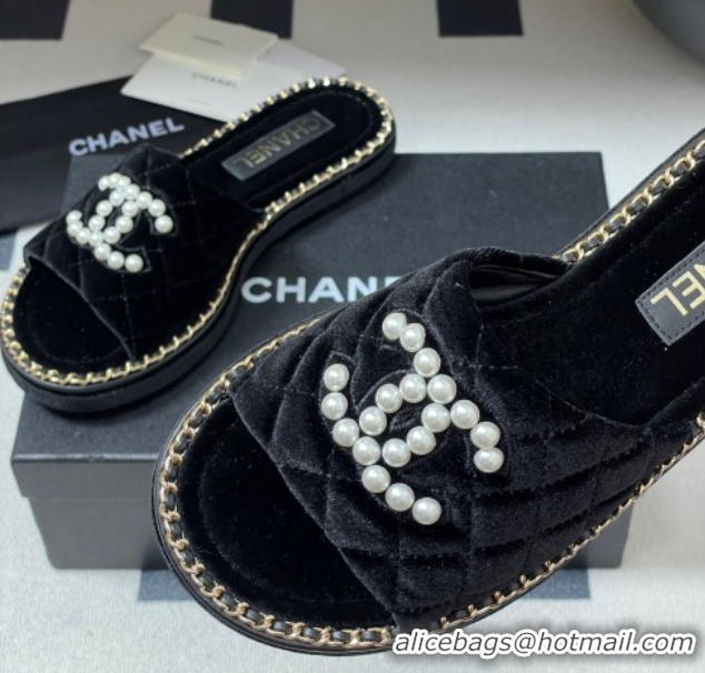 Crafted Chanel Velvet Flat Slides Sandal with Pearls and Chain Black 2025 CH071501