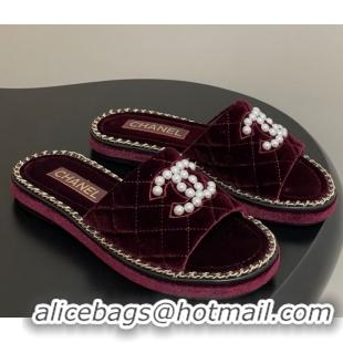 Classic Hot Chanel Velvet Flat Slides Sandal with Pearls and Chain Burgundy 2025 CH071501