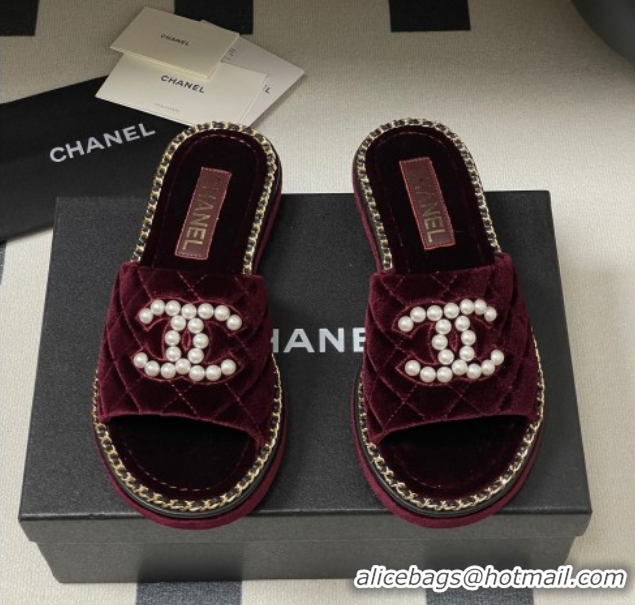 Classic Hot Chanel Velvet Flat Slides Sandal with Pearls and Chain Burgundy 2025 CH071501