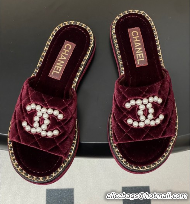 Classic Hot Chanel Velvet Flat Slides Sandal with Pearls and Chain Burgundy 2025 CH071501