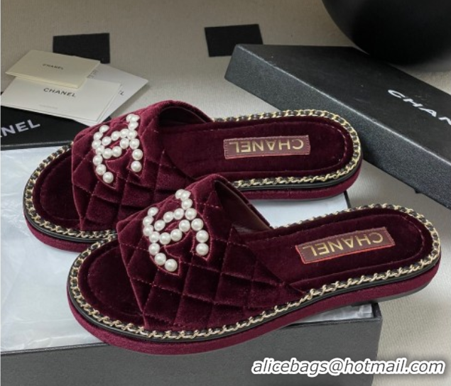 Classic Hot Chanel Velvet Flat Slides Sandal with Pearls and Chain Burgundy 2025 CH071501