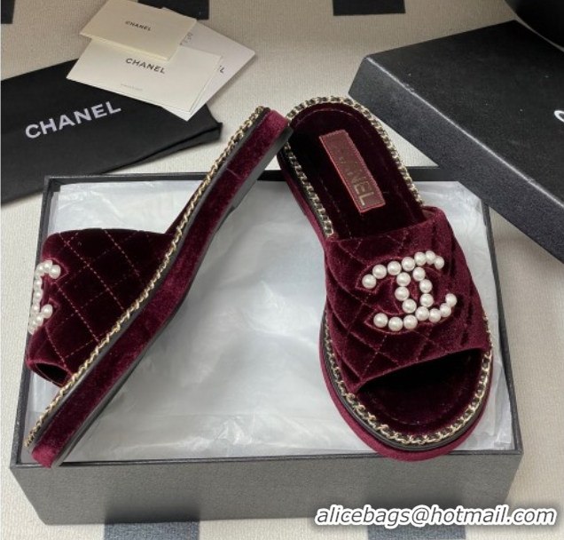Classic Hot Chanel Velvet Flat Slides Sandal with Pearls and Chain Burgundy 2025 CH071501