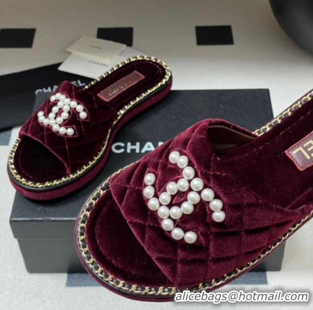 Classic Hot Chanel Velvet Flat Slides Sandal with Pearls and Chain Burgundy 2025 CH071501