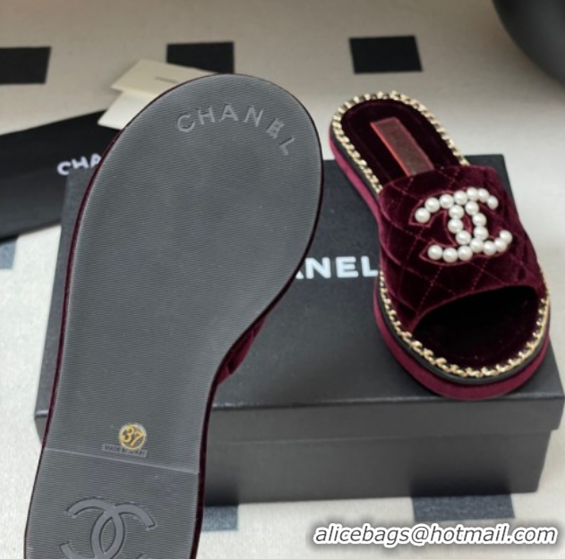 Classic Hot Chanel Velvet Flat Slides Sandal with Pearls and Chain Burgundy 2025 CH071501