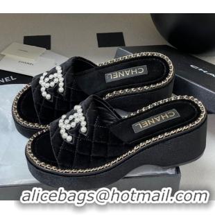 Best Price Chanel Velvet Platform Wedge Slides Sandal with Pearls and Chain Black 2025 CH071501