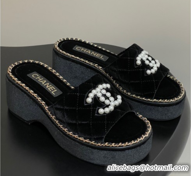 Best Price Chanel Velvet Platform Wedge Slides Sandal with Pearls and Chain Black 2025 CH071501