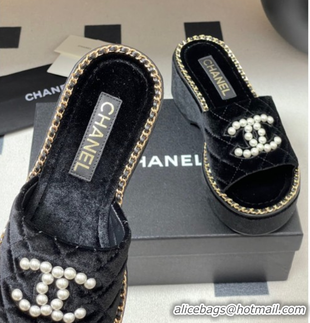 Best Price Chanel Velvet Platform Wedge Slides Sandal with Pearls and Chain Black 2025 CH071501