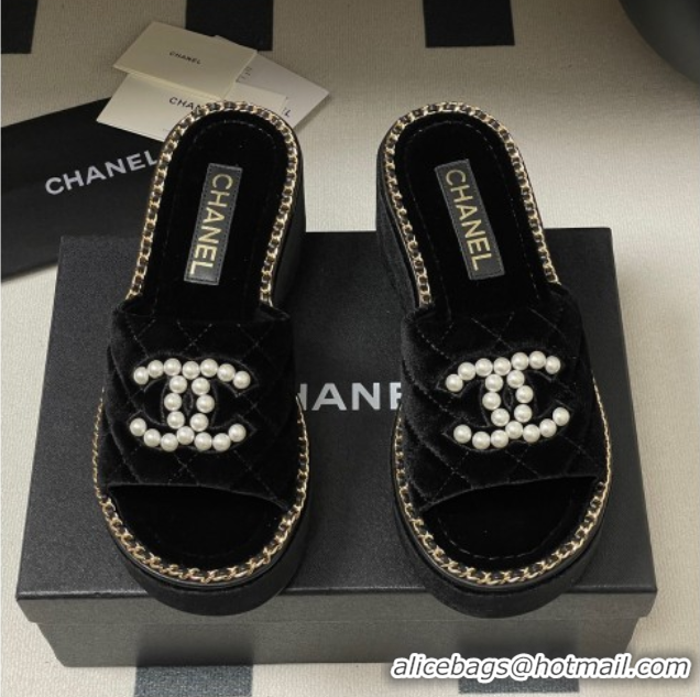 Best Price Chanel Velvet Platform Wedge Slides Sandal with Pearls and Chain Black 2025 CH071501