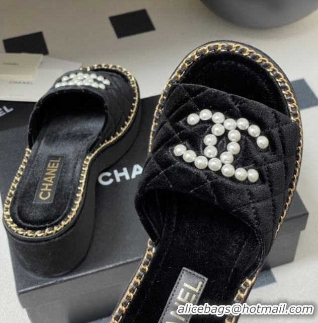 Best Price Chanel Velvet Platform Wedge Slides Sandal with Pearls and Chain Black 2025 CH071501