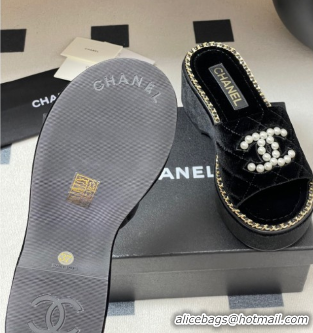 Best Price Chanel Velvet Platform Wedge Slides Sandal with Pearls and Chain Black 2025 CH071501