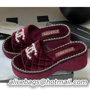 Purchase Chanel Velvet Platform Wedge Slides Sandal with Pearls and Chain Burgundy 2025 CH071501