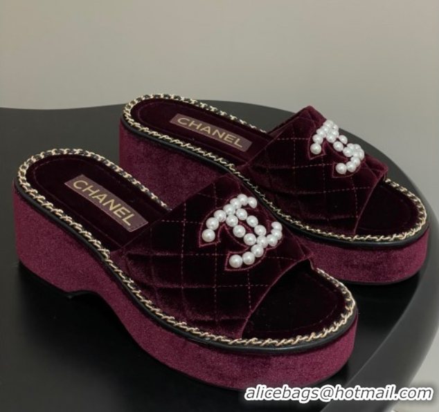 Purchase Chanel Velvet Platform Wedge Slides Sandal with Pearls and Chain Burgundy 2025 CH071501