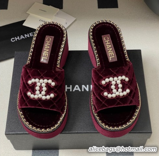 Purchase Chanel Velvet Platform Wedge Slides Sandal with Pearls and Chain Burgundy 2025 CH071501