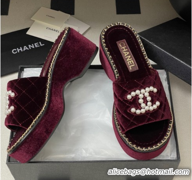 Purchase Chanel Velvet Platform Wedge Slides Sandal with Pearls and Chain Burgundy 2025 CH071501